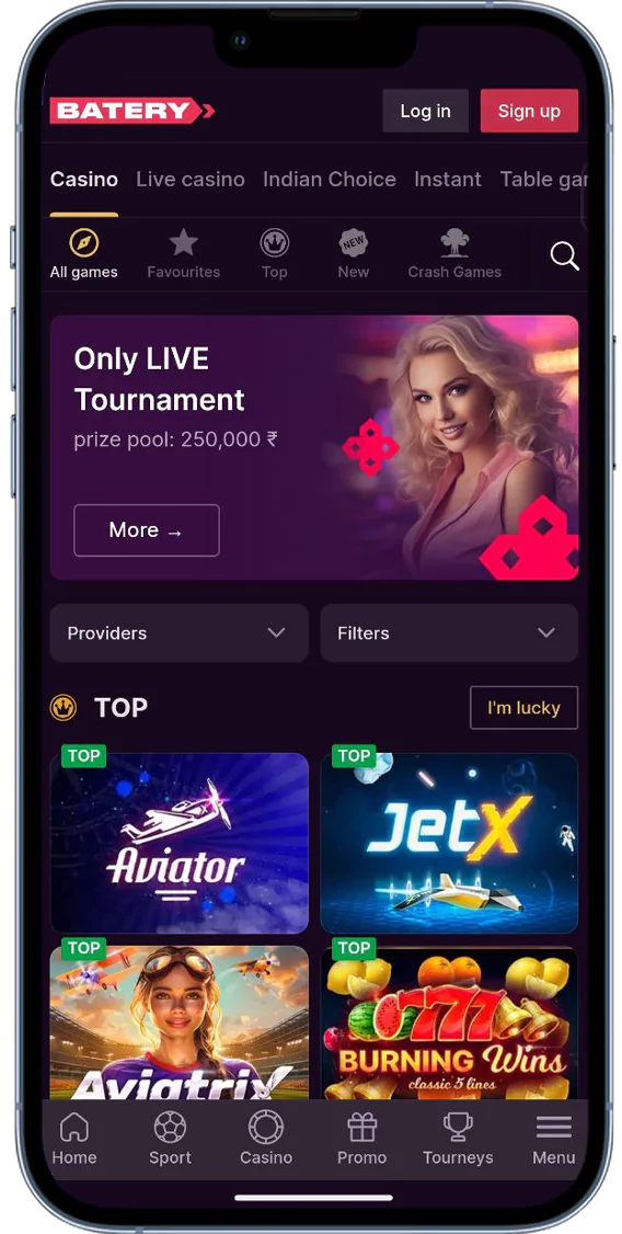 Screenshot of the Batery casino section