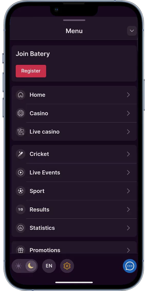 Screenshot of the Batery application menu