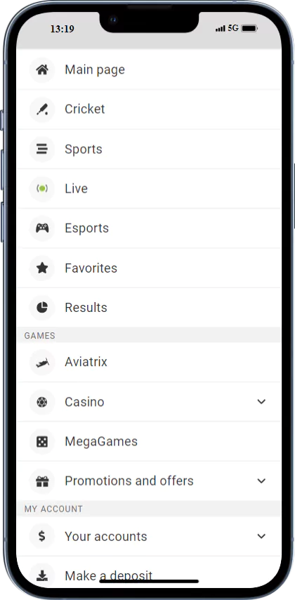 A screenshot of the side menu of the Megapari application